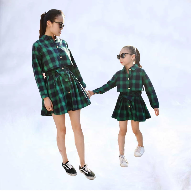 

2019 Matching Mother Daughter Clothing Girl Spring Cotton Mommy And Me Clothes Plaid Print Mom And Daughter Dress Outfits