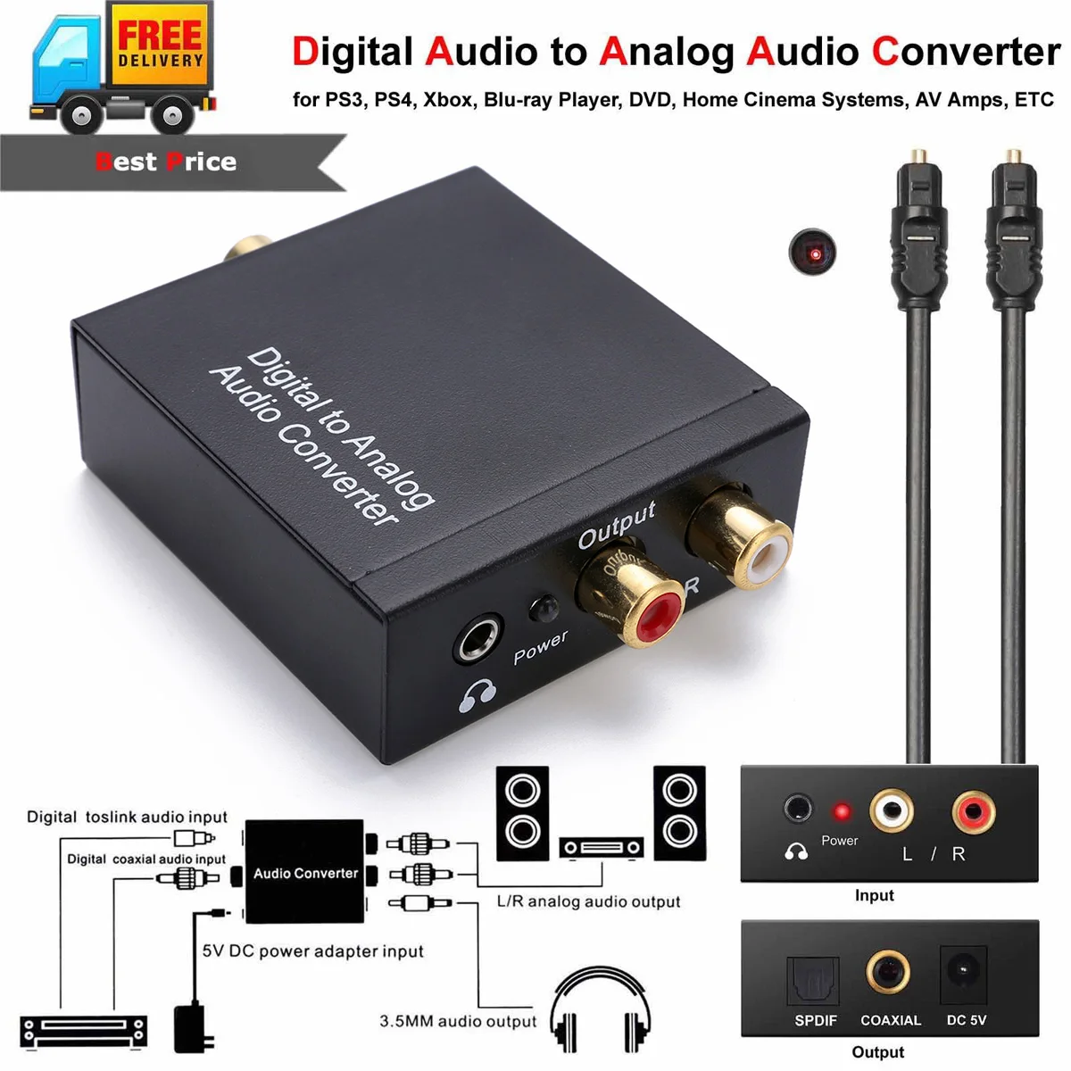 New Arrival Optical Coaxial Toslink Digital to Analog Audio Converter Adapter RCA With 3.5mm Jack Kits Mayitr