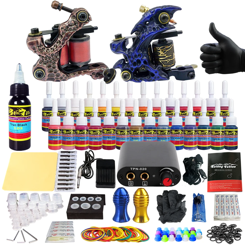

Solong Tattoo complete professional 2 tattoo Machine Guns set Tattoo Kit 28 Inks Needle Grips power supply TK204-5