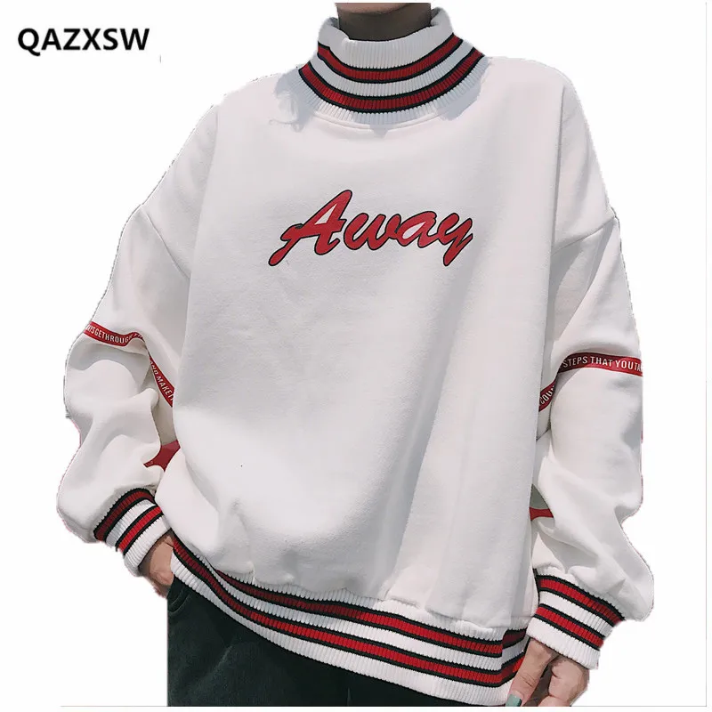 

2019 Autumn New Women Sweatshirt Harajuku Style BF Letters Printed Stripes Hit Color Half High Collar Loose Coat Tide SY030