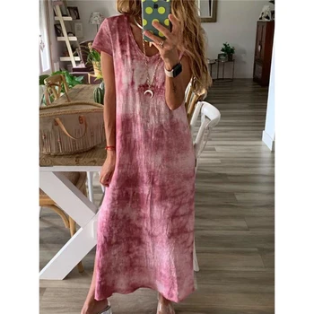 

New Fashion Women's V Neck Short Sleeve Dress Gradient Split Dress Ladies Casual Loose Dress Holiday Party Maxi Sundress Summer