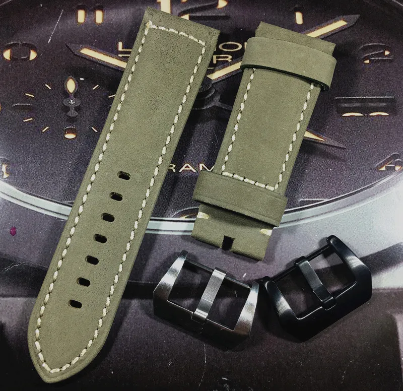 

Luxury watch band 24mm 26mm Green handmade Genuine nubuck Leather Strap Watchband For PAM111/Panerai strap 44mm 47mm dial buckle