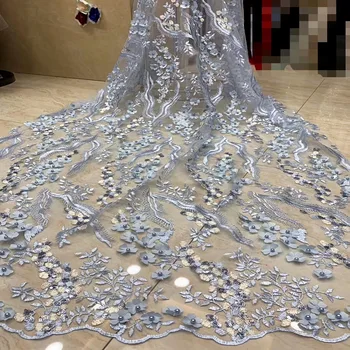 

French Tulle With Sequins Net Lace Fabric High Quality Nigerian Beaded Embroidery Mesh Lace Fabrics 5Yards For Women Dress A1866