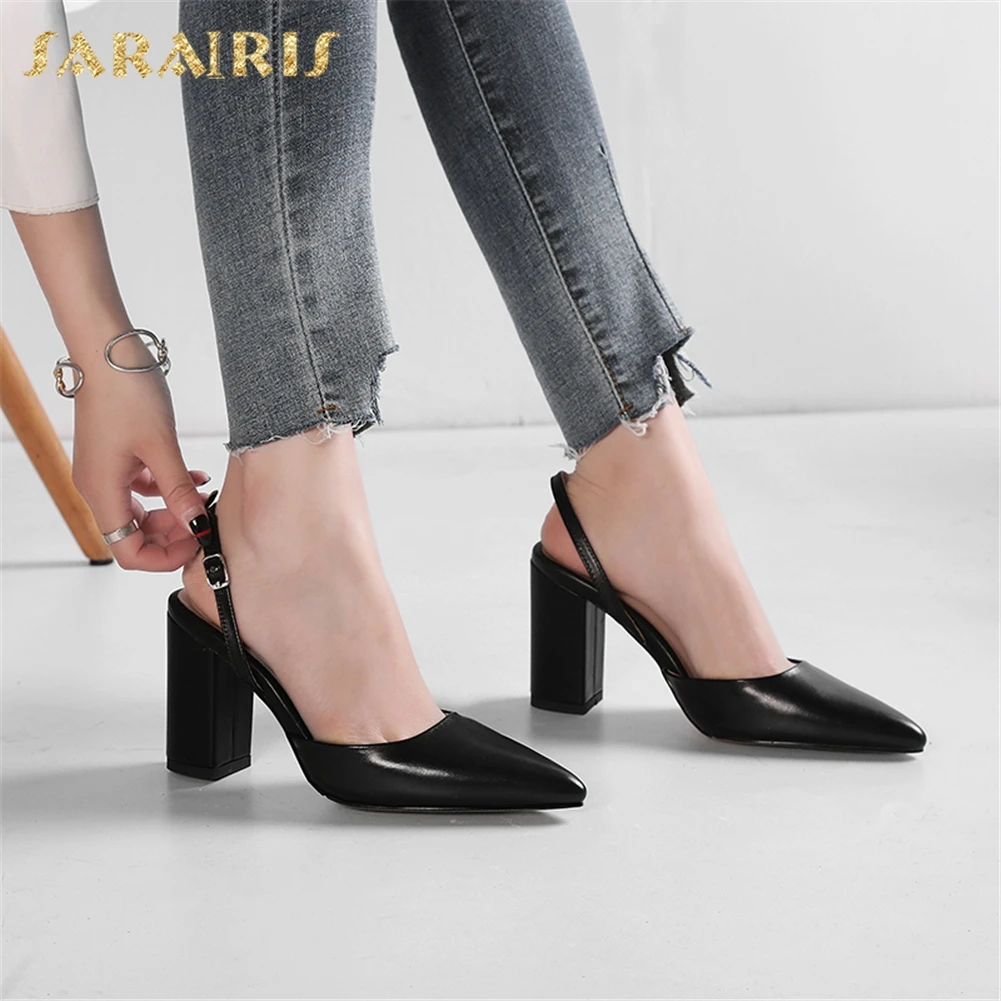 

Sarairis Fashion Hot Sale Cow Leather 4 Colors Summer Sandals Woman Shoes Buckle Thick High Heels Elegant Sandals Woman Shoes
