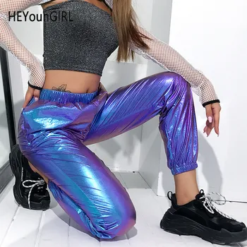

HEYounGIRL Laser Reflection Harajuku Sweatpants Women Joggers Casual High Waist Pants Capris Hip Hop Holographic Ladies Trousers