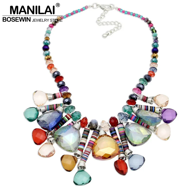 MANILAI Bohemia Crystal Necklaces Women 2016 Beaded Geometric Crystal Choker Necklace Handmade Statement Necklaces Pendants