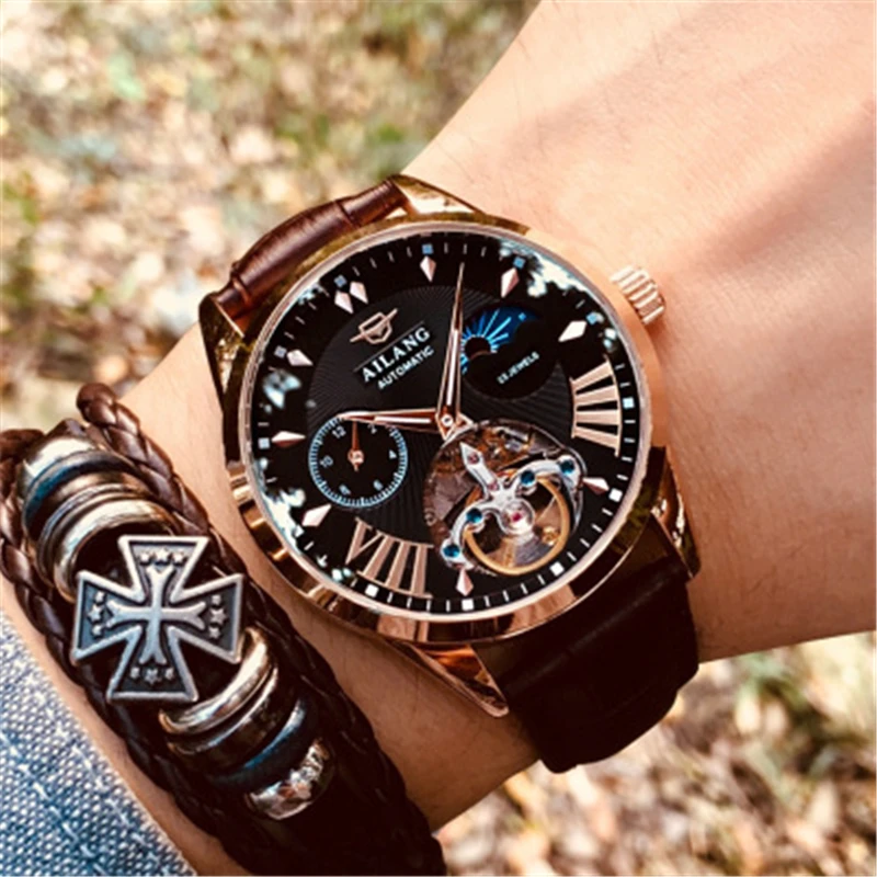

New Men's Watch Business personality Men's Clock mechanical tourbillon hollow moon phase luminous multi-function Male Wristwatch