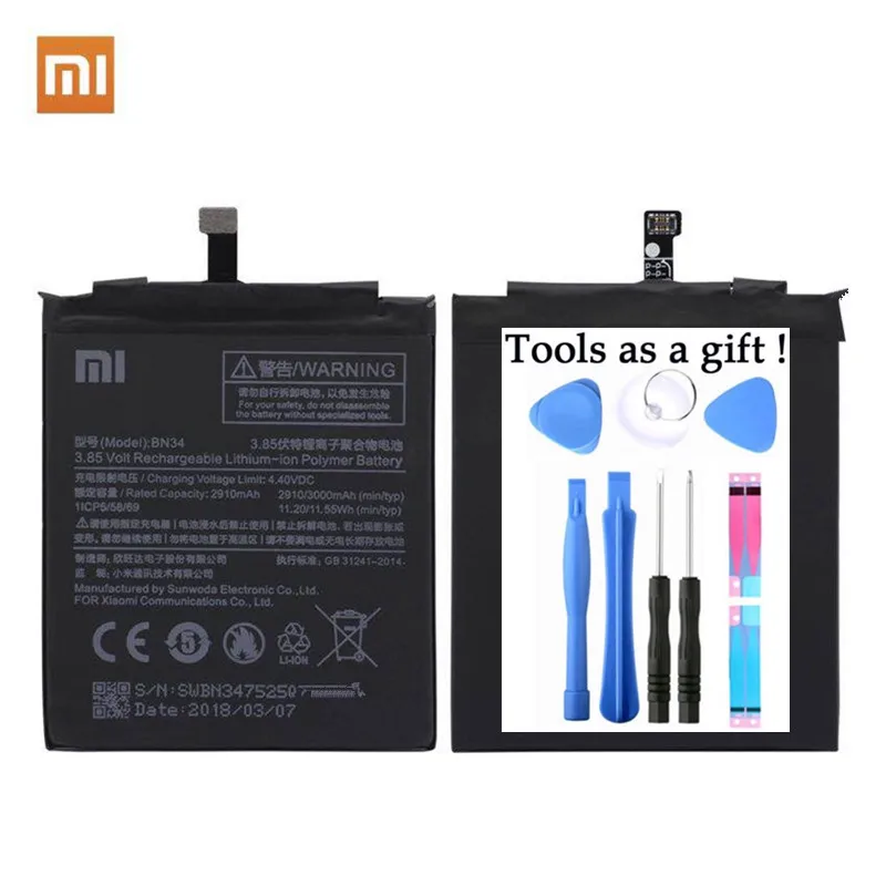 100% xiaomi оригинальный аккумулятор BN34 для Redmi 5A 5 0 &quotСменный 2910 мАч большая емкость