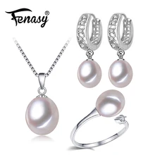 Fenasy жемчужные украшения украшение для свадьбы помолвки Ювелирные наборы, натуральный жемчужный кулон ожерелье Женщины/серьги-кольца, Женское кольцо