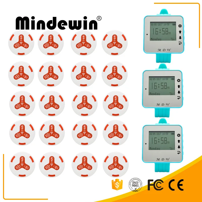 

Mindewin 2017 New 20pcs Call Transmitter Button And 3 Watch Receiver Restaurant Pager Wireless Calling System Catering Equipment