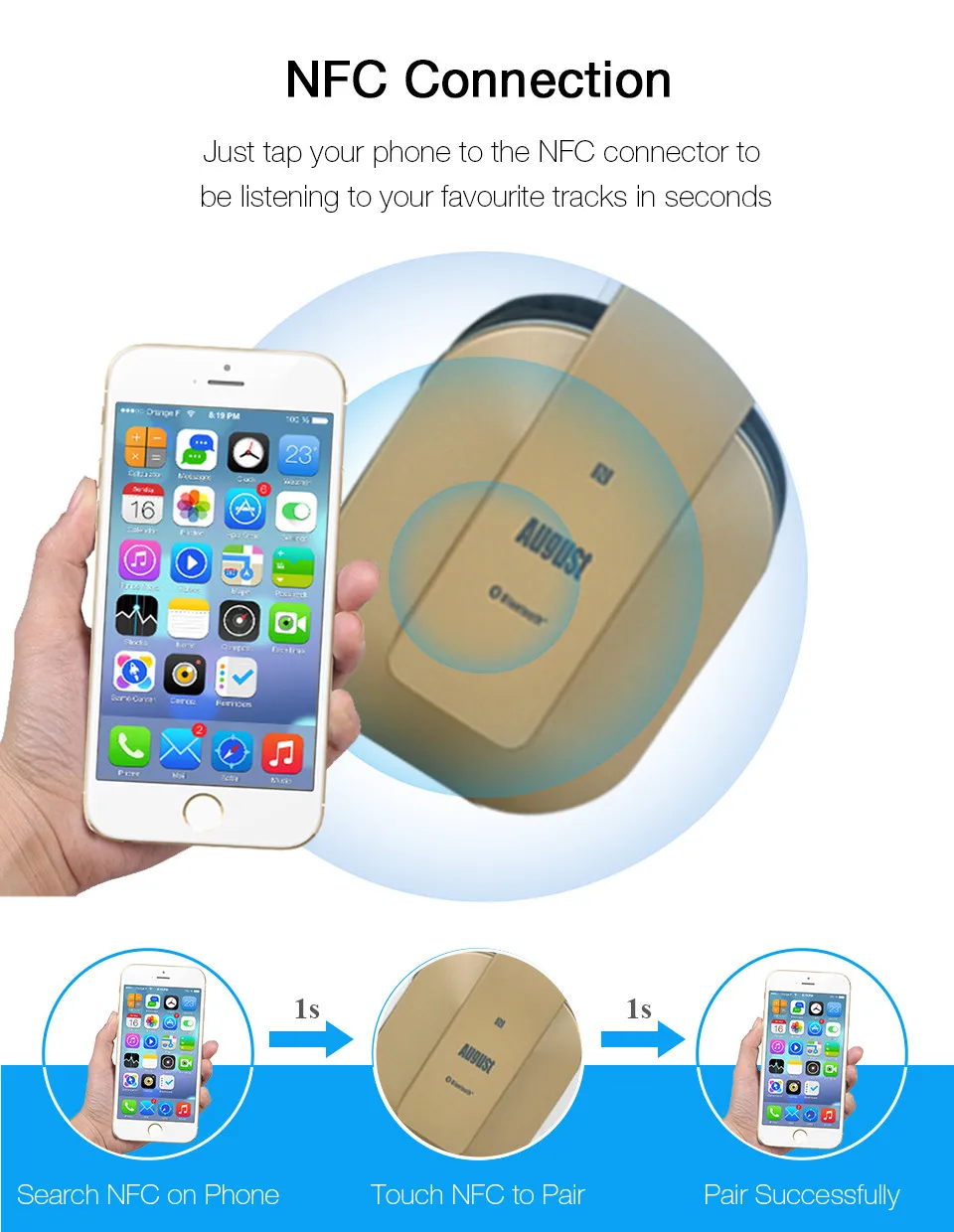 August EP650 Bluetooth Headphoens with NFC- Gold