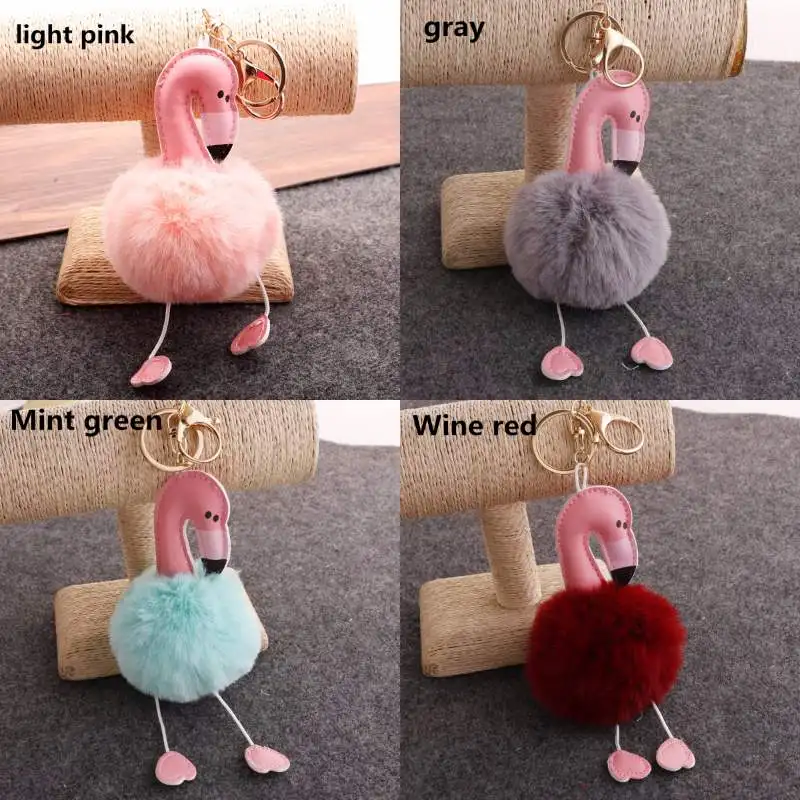 

Pompom Keychain Flamingo Key Ring Pom Pom Car Fluffy Rabbit Fur Fake Key Chains Cute Women Bag Girl's Ball Holder Pompon