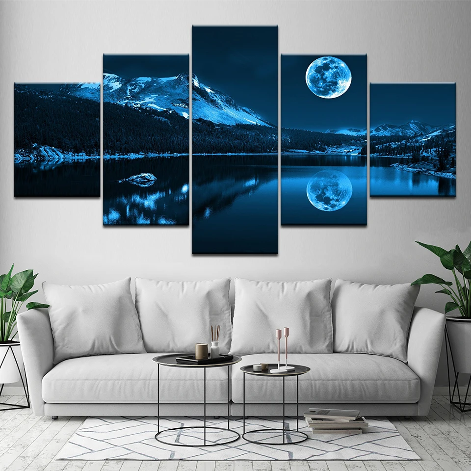 Современное украшение дома стены искусства модульные картины холст 5 шт. абстрактная синяя Луна ночная сцена картины HD печать рамки