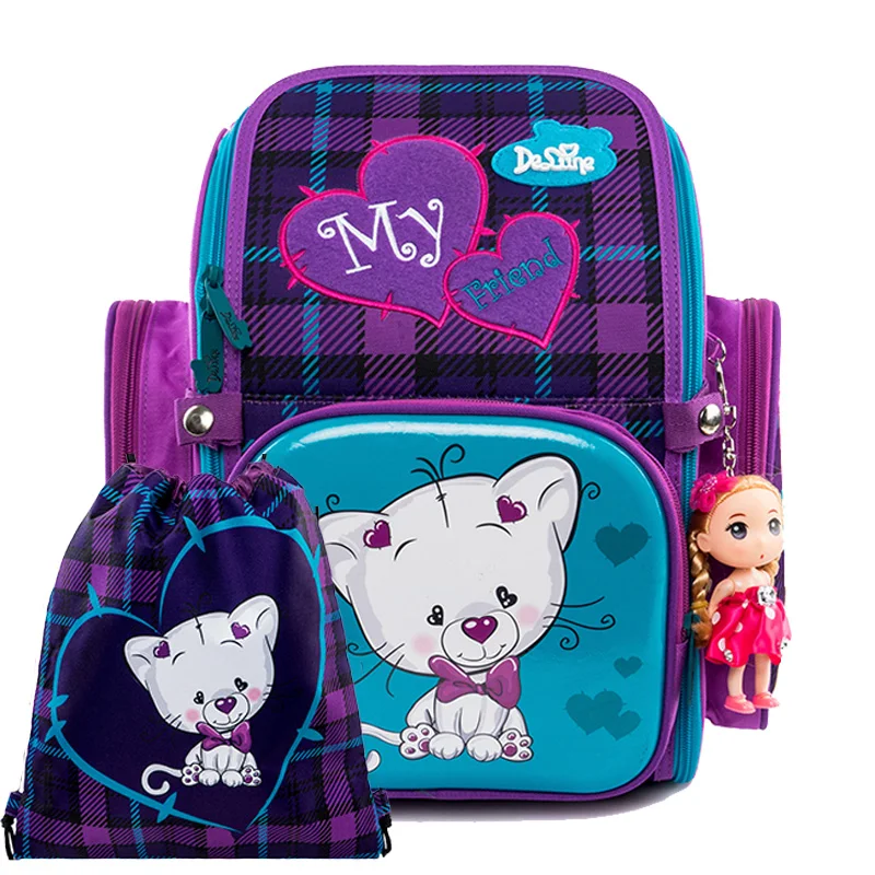 

1 Orthopedic Children School Satchel for Girls Cartoon Cat Print School Backpack Mochila Infantil Free Shoes Change Bag