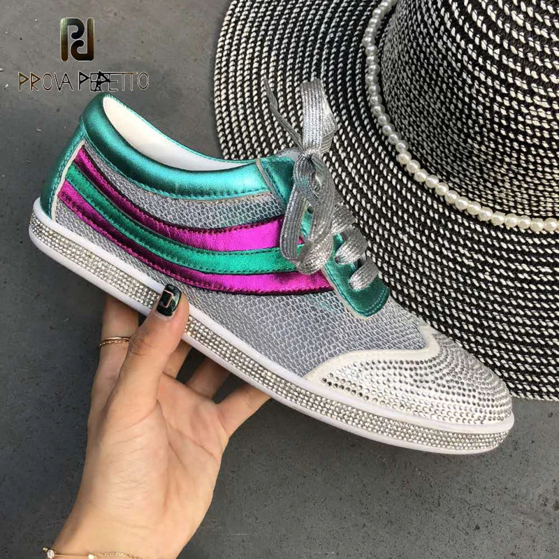 

Prova Perfetto 2018 Most fashion lady diamond flat shoe lace up round toe color match mesh leather breathable casual shoes women