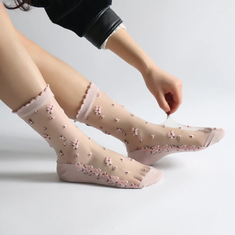 

2019 Spring/Summer New Womens Cool Crystal Lace Transparent Socks Female Jacquard Ankle Short Sharpetki Pink Calcetines Mujer
