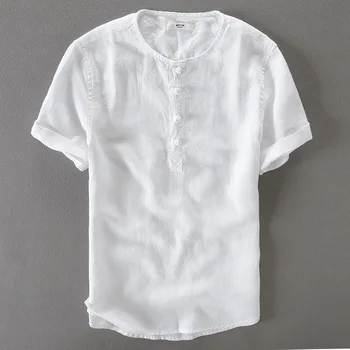 

Retro Chinese trend linen short sleeve shirt men four-buckle collarless casual men shirts summer fashion white shirt mens camisa