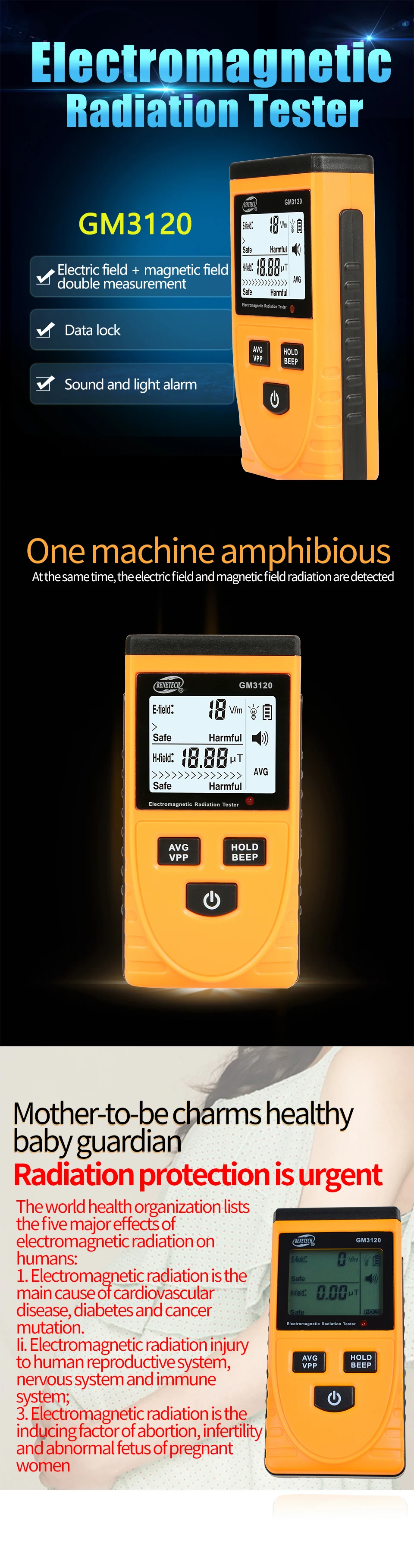 BENETECH GM3120 Portable digital electromagnetic radiation detector ...