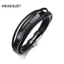 Персонализированные мужские черные слоистые плетеные кожаные ID браслет из нержавеющей стали браслет индивидуальные мужские ювелирные изделия