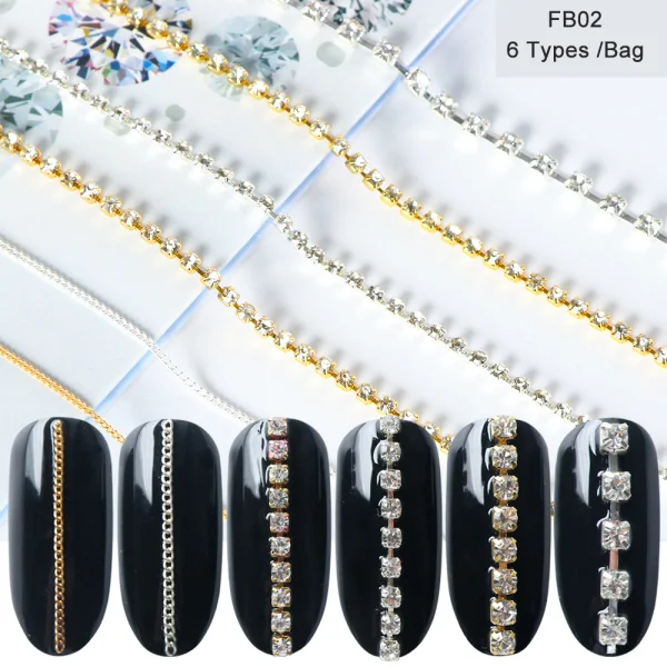 6 типов 3d металлическая цепочка для украшения ногтей из сплава золотого и серебряного цвета, дизайнерские подвески для ногтей, алмазные бусины, ювелирные изделия, ползунки, аксессуары, CHFB01-04 - Цвет: FB02