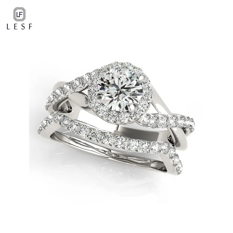 

LESF Luxury 0.5 Carat Big Halo Ring Sets 925 Solid Sterling Silver High Setting Round Cut Sona Engagement Wedding Rings