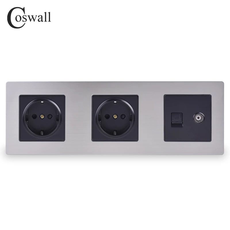 Двойная настенная розетка с панелью из нержавеющей стали COSWALL 16 А европейская +