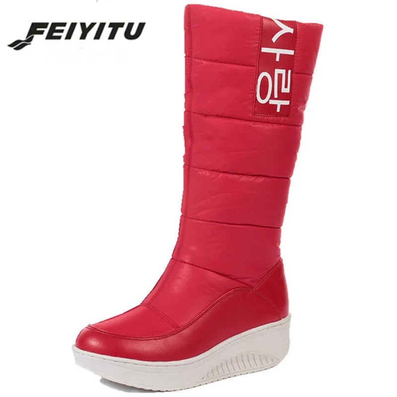 

feiyitu SIZE 35-44 Ladies snow boots wedges heels slip on women winter boots fur inside mid calf boots sweet shoes