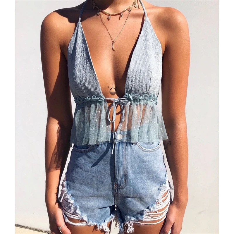 

Sexy Mesh V Neck Crop Tops Cami Summer Style Women Spaghetti Strap Lace Ruffle Camisole Backless Shirt