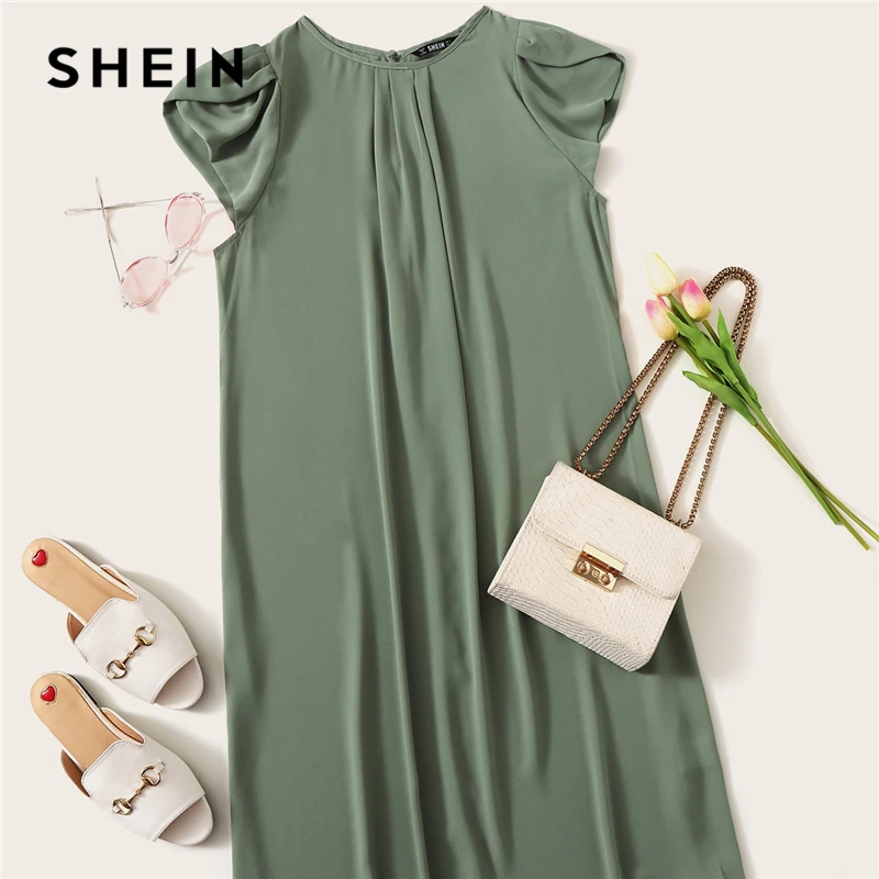 Шеин, плиссированное платье с рукавами-лепестками спереди, зеленое цельнокроеное однотонное платье с коротким рукавом и круглым вырезом, летние прямые женские платья