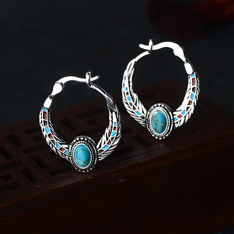 S925 тибетское серебро винтажный дизайн синий камень перо Шарм Висячие серьги для женщин Свадебная вечеринка подарок Femme ювелирные изделия eh990