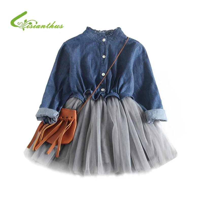 

2019 Spring Autumn Baby Girl Dress Denim Mesh Patchwork Princess Girl Ball Gown Dress Long Sleeve Kids Dresses for Girls