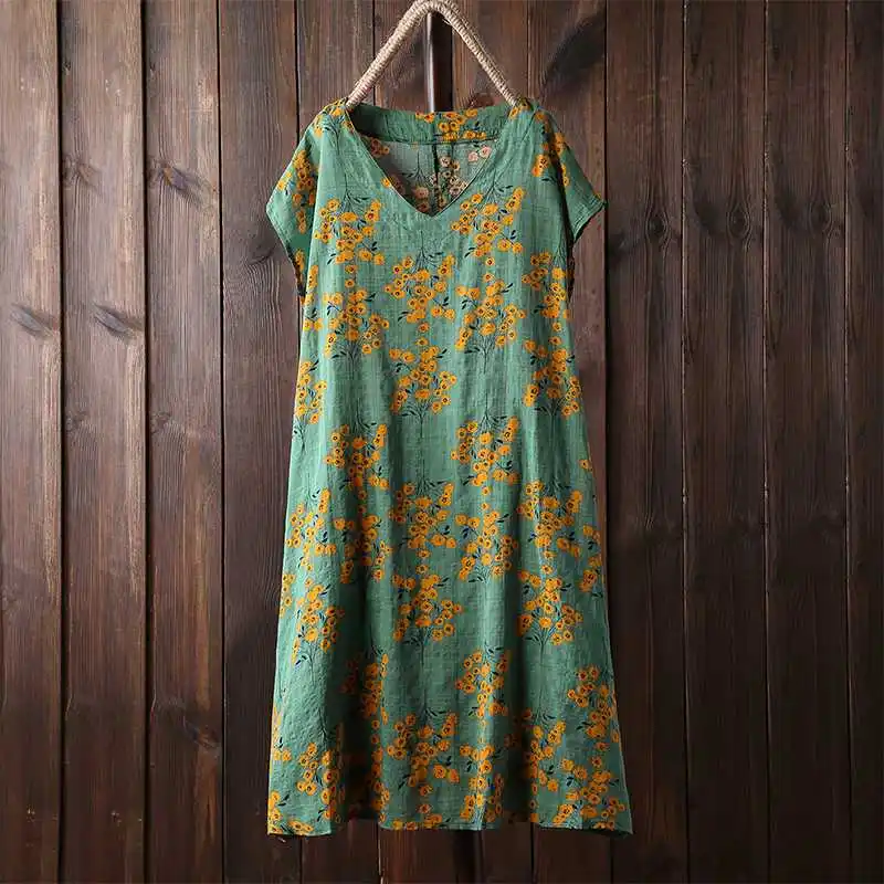 

2019 Summer Women V Neck Short Sleeve Dress Casual Vintage Floral Printed Cotton Linen Sundress Robe Loose Vestido Long Tops