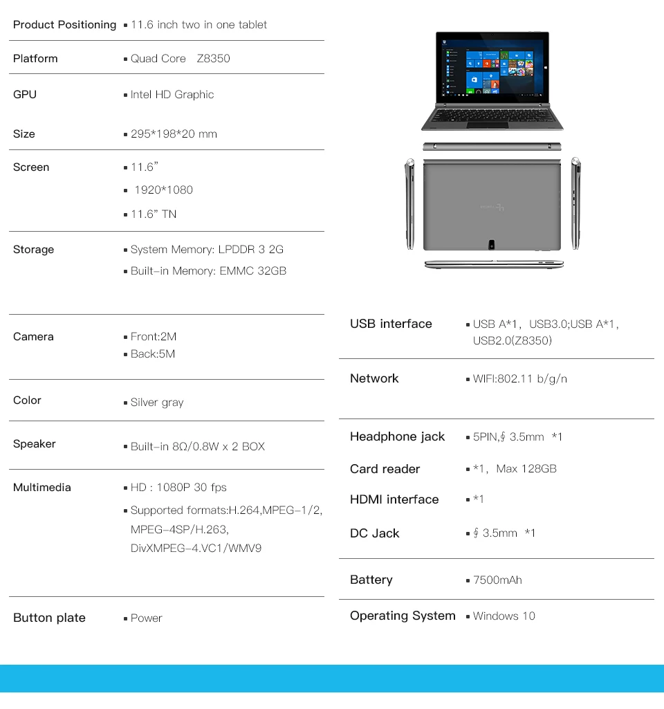 YUNTAB 11,6 дюйма GA116C 2-в-1 Windows10 Tablet PC Quad-Core 2 Гб + 32 Гб двойной Камера Тетрадь компьютер с четырехъядерным процессором клавиатура (серебристо-серый)