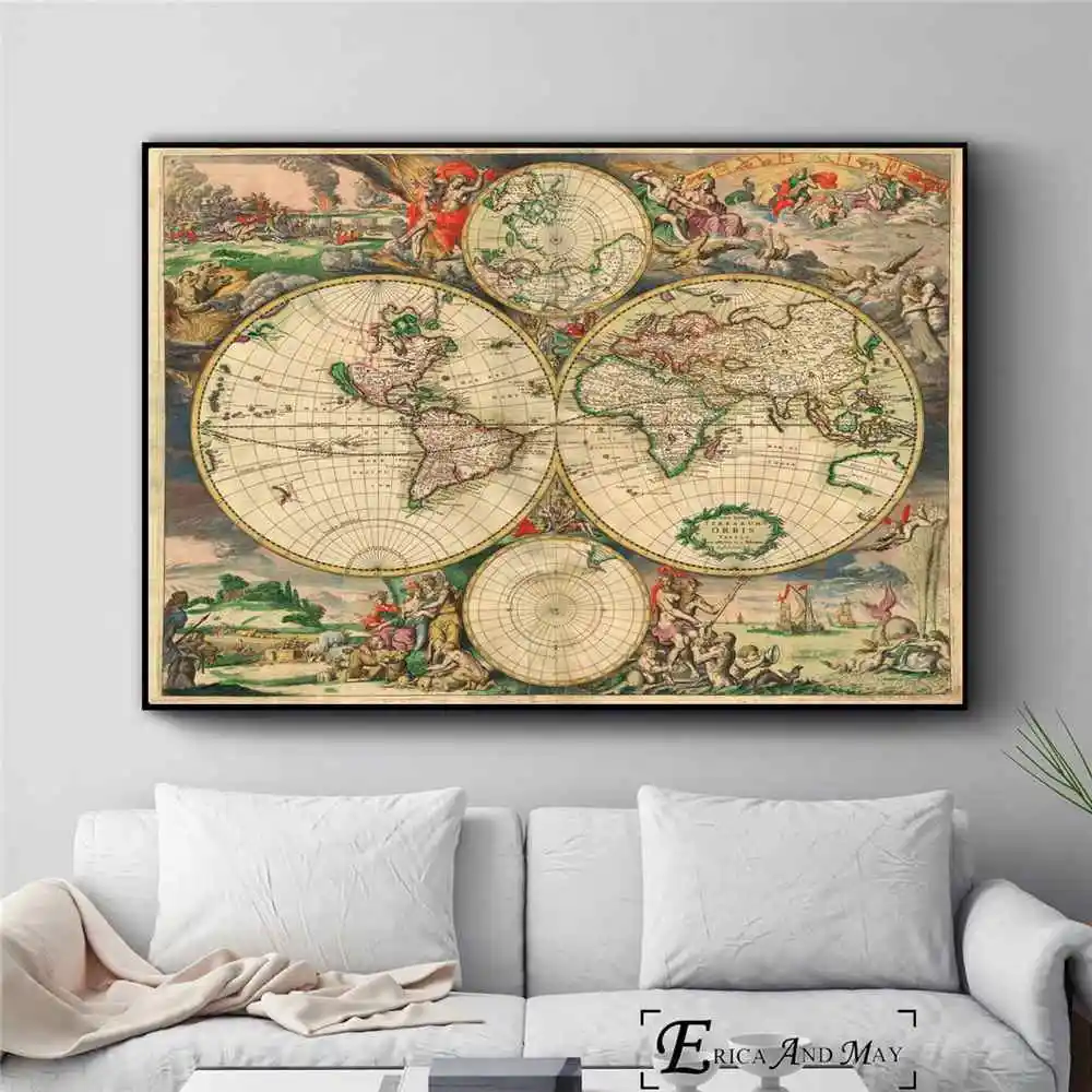 Карта старого мира, художественное произведение, винтажный постер, печать, картина маслом на холсте, настенное искусство, фрески, картины для гостиной, украшение, без рамки - Цвет: 7