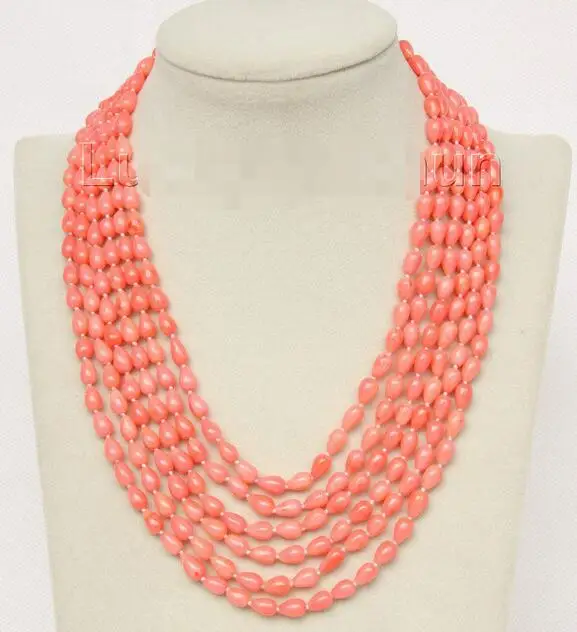 

Free Shipping>> new hot 16"-21" 6row 5X8mm drip pink coral necklace magnet clasp j9774
