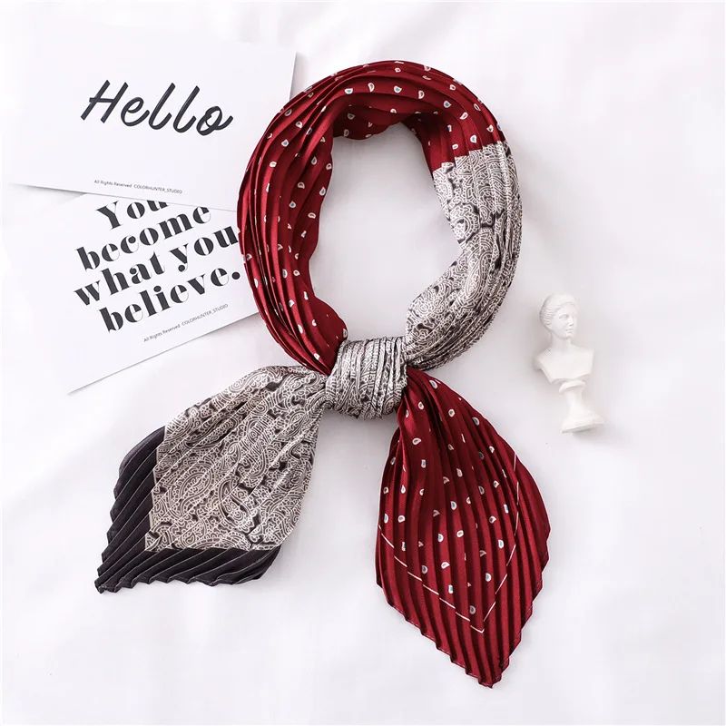 

Women's Small Square Spring Silk Scarf Crinkle Hair Scarfs for Ladies Pleated Scarves Bandana Printed Female Foulard 100*30CM