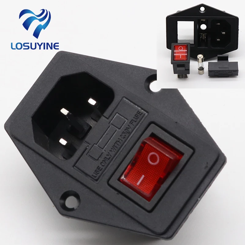 High quality Black Red 10A AC 250V 3 Terminal Power Socket with Fuse