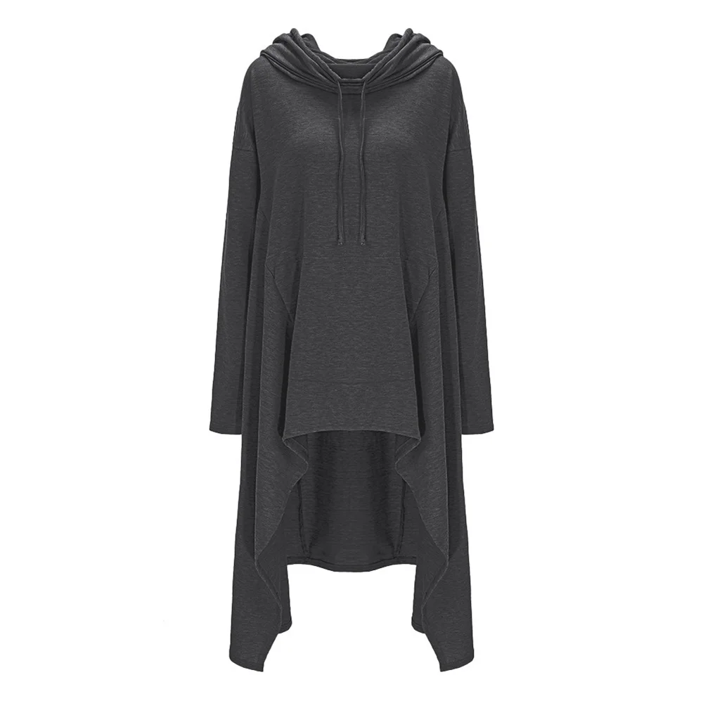  Women Autumn 2019 New Fashion Long Asymmetric Casual Hoodie Solid Multi Color Long Sleeve Drawstrin