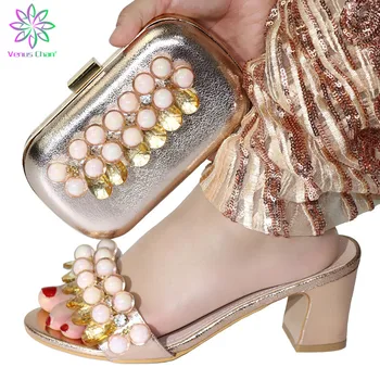 

New Arrival Champagn Color Italian Shoes with Matching Bags Set Decorated with Rhinestone African Women Wedding Shoe and Bag Set