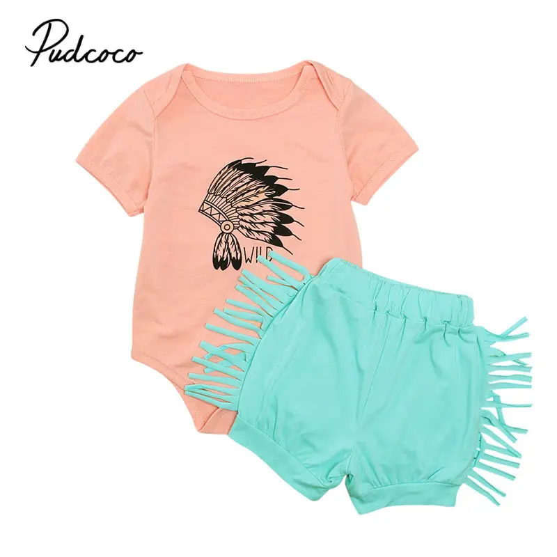 

Newborn Baby Girls clothes print round neck Short Sleeve Ruffle Bodysuit Shorts 2pc kids Toddler cotton Outfits