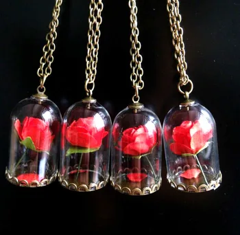 

Chic Wholesale 10/20/50/100pcs Lady Retro Glass Vial Necklaces Pendants Beauty Natural Rose Red Flower Prince Necklace Gifts