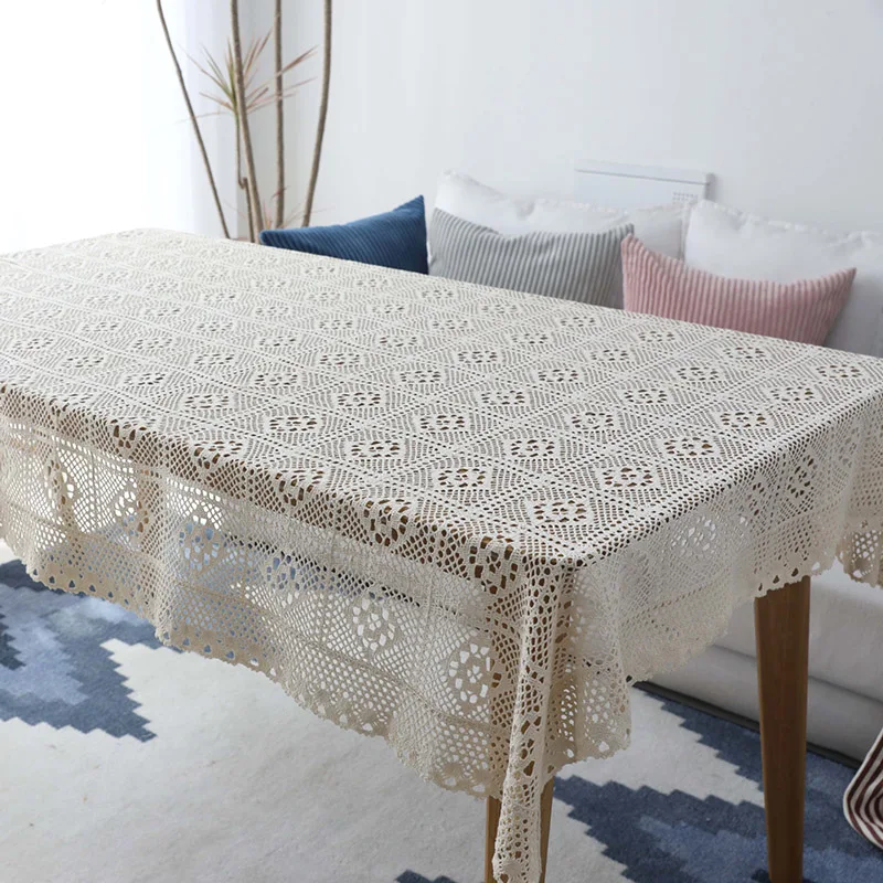 Pastoral Crochet Tablecloth Lace Hollow Out Cotton Table Cover Piano Towel Vintage DIY Dining Table Cloth for Kitchen Home Decor