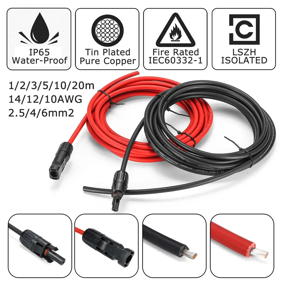 

45A 1~20M 4mm2 12AWG Eternal 6mm Solar Panel Extension Cable Wire MC4 Connector Copper Wire Solar PV Cable
