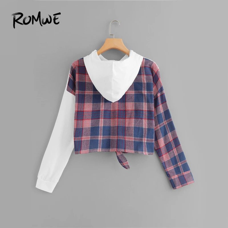  ROMWE Knot Front Plaid Hooded Sweatshirt Women Clothes 2019 Autumn Fashion Casual Long Sleeve Cloth