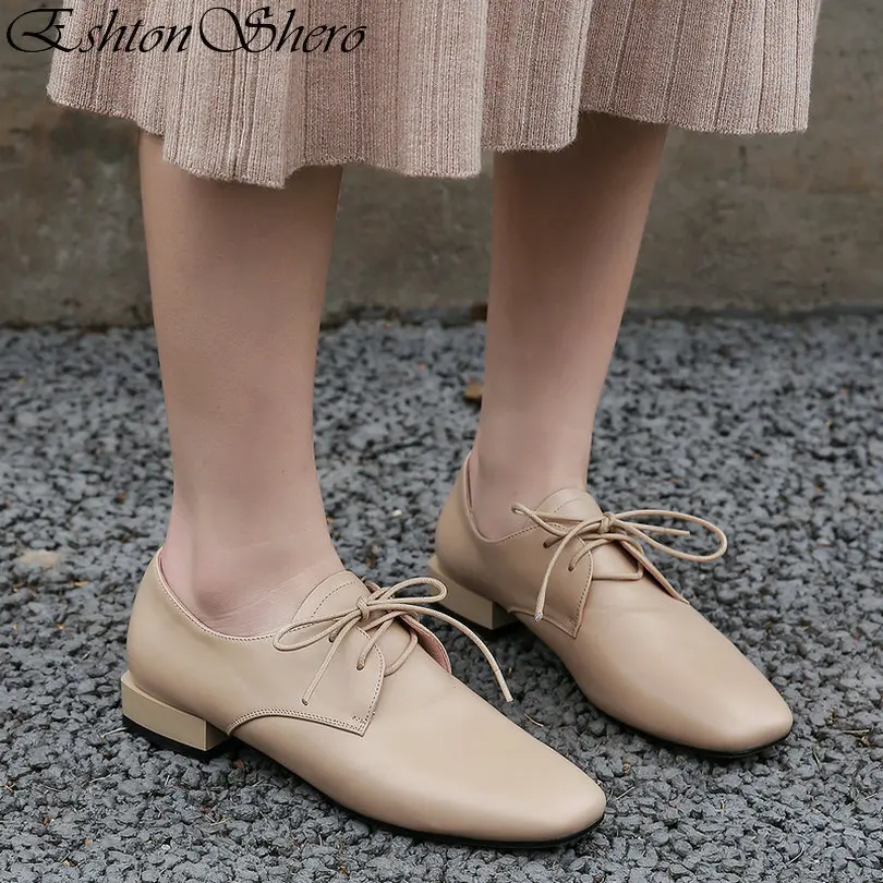 

EshtonShero Women's Shoes Woman Pumps Platform Leather+PU Low Heels Lace Up Western Style Ladies Wedding Shoes Size 3-12