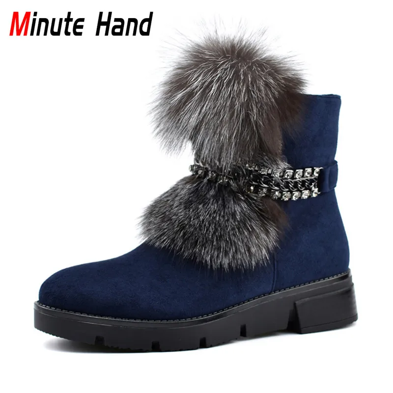 

Minute Hand Flock Leather Fox Fur Female Snow Boots With Metal Chain Wedge Heels Thick Plush Women Ankle Boots Winter Warm Shoes