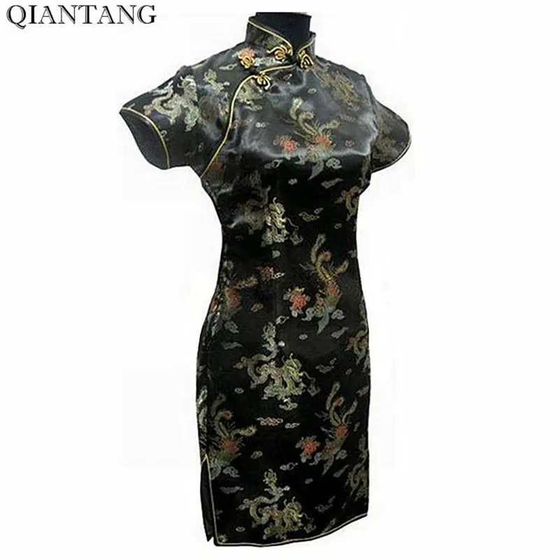 Черное традиционное китайское классическое платье женское атласное Cheongsam Mini Qipao