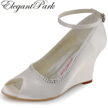 

Fashion Shoes A2071 Peep Toe Rhinestone Satin Women 3.5" Heels Wedges Shoes Evening Party Wedding Bridal Pumps