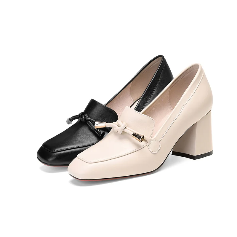

High-end brand-name full leather women's casual single shoes Europe and the United States square head with high heels women