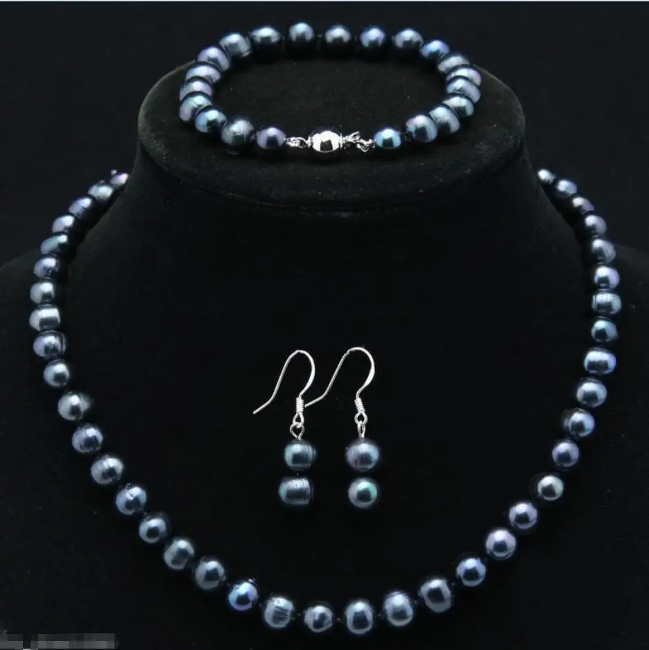

Hot sale new Style >>>>Natural 7-8mm Black Freshwater Cultured Pearl Necklace Bracelet earrings Set